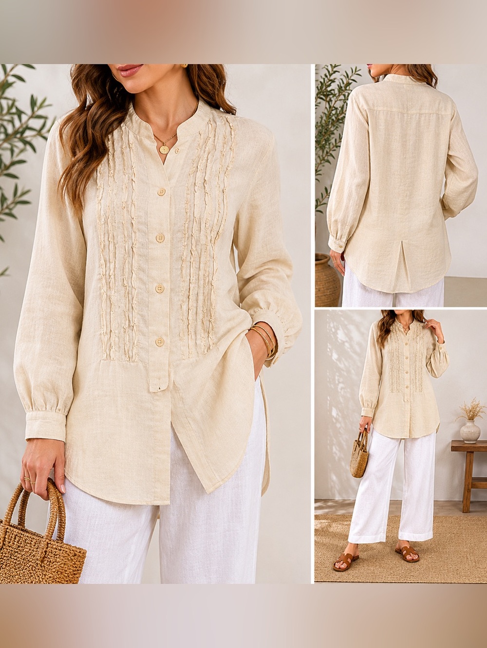 100% Egyptian Linen Tunic Blouse Neutral Pintuck Long Sleeve Boho M